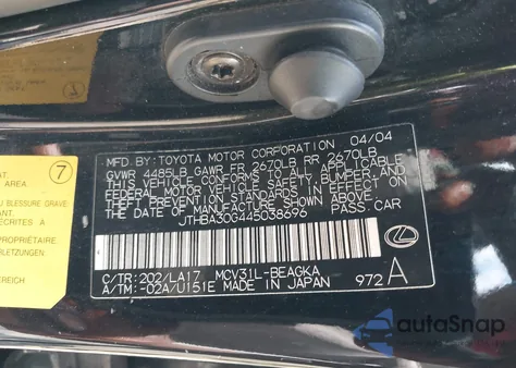 2004 Lexus Es 330 from USA, damaged, VIN JTHBA30G445038696